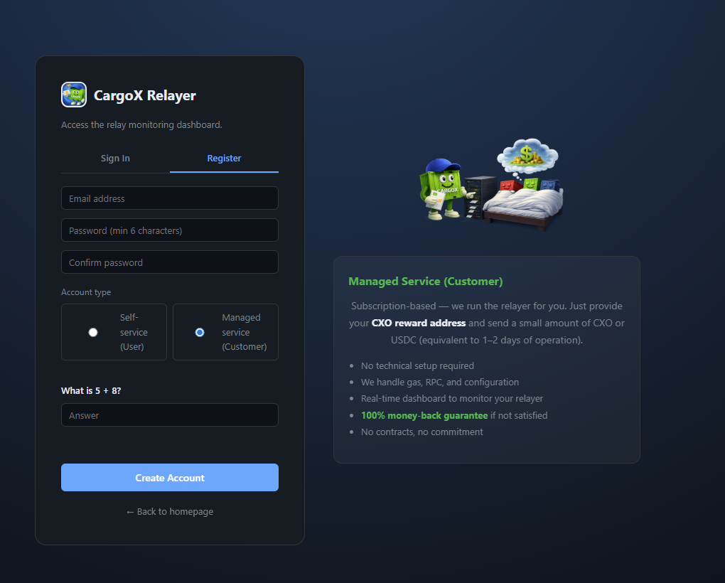 Registration form with Managed Service selected