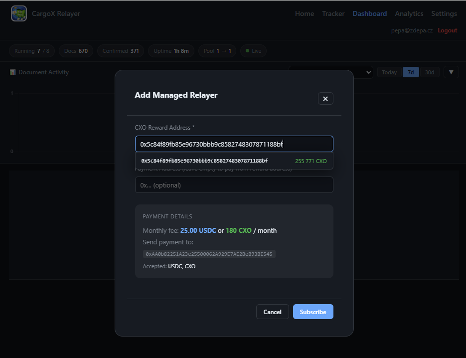 Add Managed Relayer dialog with CXO address and payment details