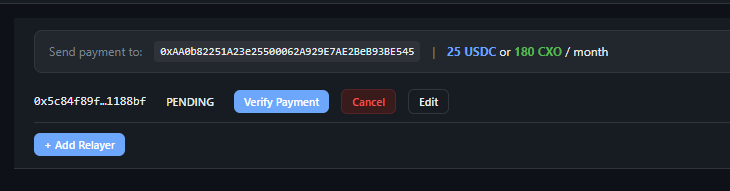 Pending relayer with Verify Payment button