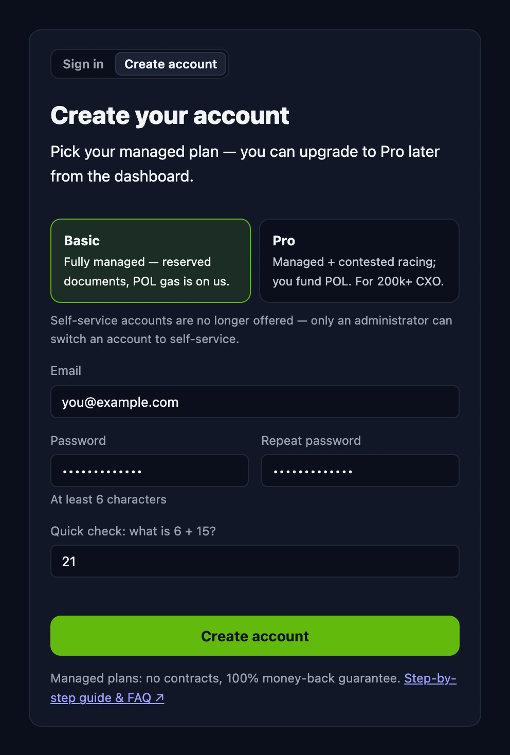 The Create account form: Basic and Pro plan cards, email, password, repeat password, a quick-check sum and the Create account button