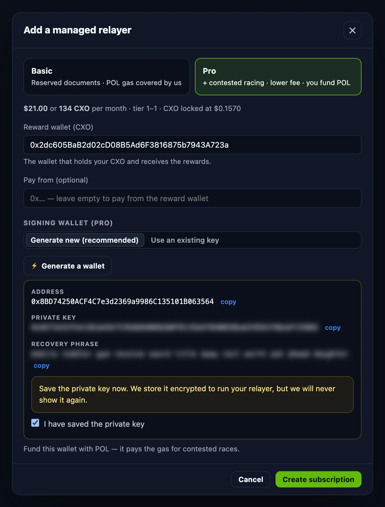 The Add a managed relayer window with Pro selected and a generated signing wallet: its address, a blurred private key and recovery phrase, a warning to save the key and the I have saved the private key checkbox
