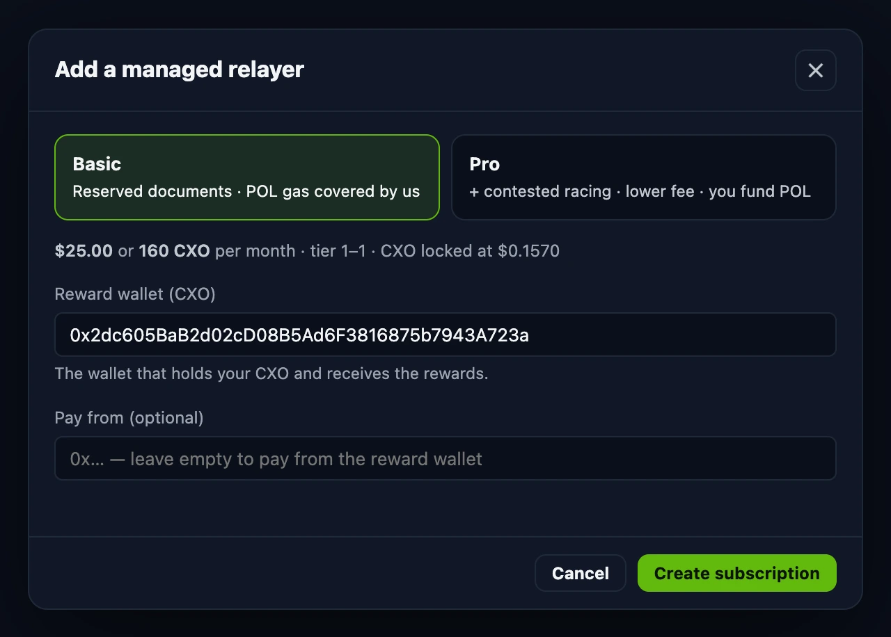 The Add a managed relayer window with Basic selected, the monthly price, the Reward wallet (CXO) field filled in and an empty optional Pay from field