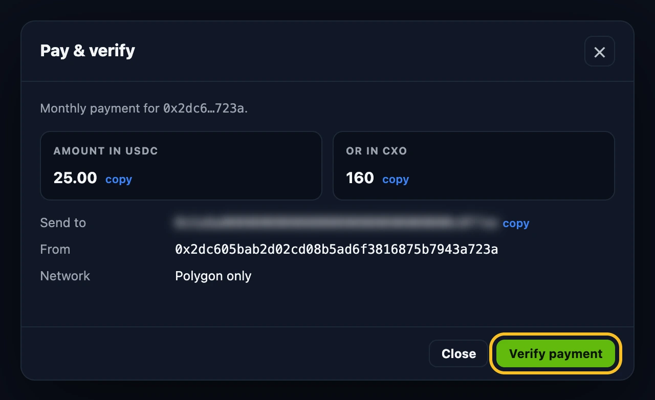 The Pay and verify window: amount in USDC or in CXO with copy buttons, the blurred Send to address, the From address, Network Polygon only and the highlighted Verify payment button